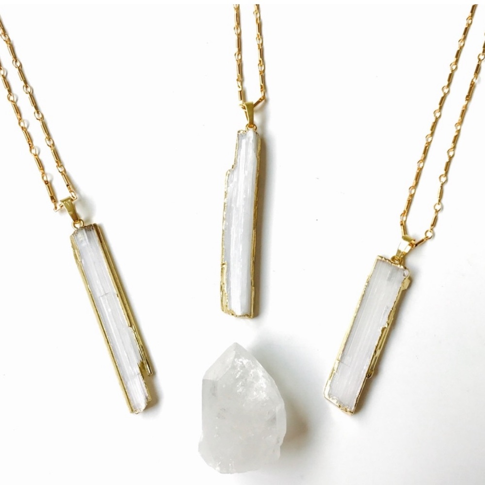 Gold-dipped Selenite Crystal Stick Necklace